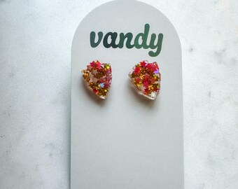 Red and Gold Star Glitter Arrowhead Earrings | Hypoallergenic Resin Earrings