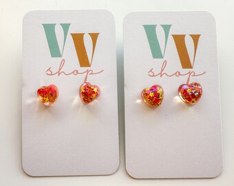 Red and Gold Star Glitter Heart Earrings | Resin | Hypoallergenic | Fun Sprinkle Earring