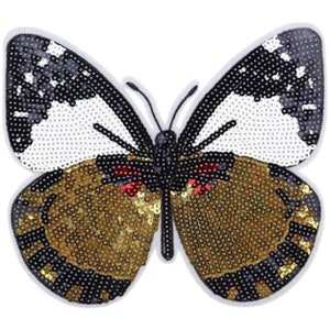 May include: A gold and black sequined butterfly applique with white and black wings. The butterfly has red accents on the body.