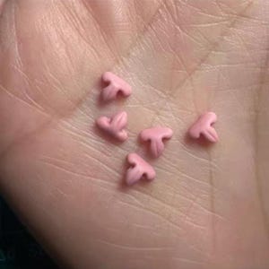 Può includere: Primo piano di cinque piccole caramelle rosa a forma di naso. Le caramelle sono disposte su una superficie chiara, con ogni pezzo che mostra una forma tridimensionale dettagliata. Le caramelle hanno una finitura liscia e opaca.