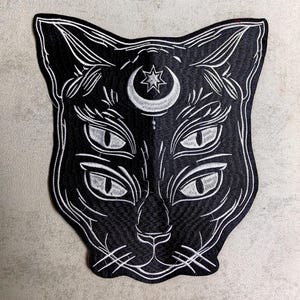 Extra large Cat patch Witch cat trippy cat Gothic style Iron-on patch stitch on patch large Jacket patch Coat patch Black cat Black white