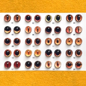 May include: Twenty glass eyes for craft projects, each with a different color and pattern. The eyes are arranged in rows on a white card with numbers 1 through 20.