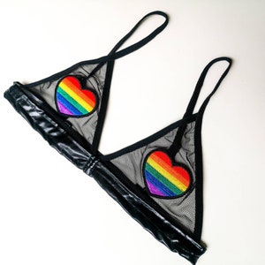 Pride bra rainbow bralette black triangle bra rainbow rave festival bra LGBT gay pride outfit transparent asexual bra top fishnet sheer mesh
