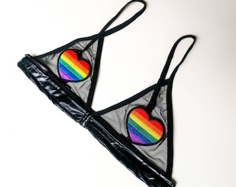 Sujetador del orgullo arcoíris, bralette negro, sujetador triangular arcoíris, sujetador para festivales rave, conjunto LGBT del orgullo gay, top transparente de sujetador asexual, malla transparente