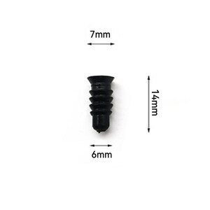 May include: A black plastic wall anchor, 14mm long, 7mm wide, and 6mm in diameter. The anchor has a ribbed design for secure installation. Ideal for use with screws in drywall or other materials.