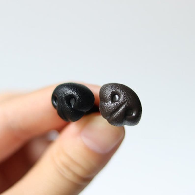 May include: Two small, dark-colored dog nose-shaped objects. One is black, the other is brown. The objects have a textured surface and are held in front of a white background.