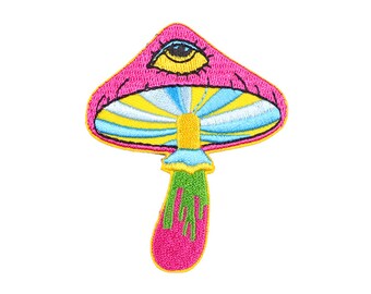 Parche bordado psicodélico de hongo rosa, parche termoadhesivo de hongo con ojos, parche colorido amarillo, mochila, jeans, chaqueta, psicodélico