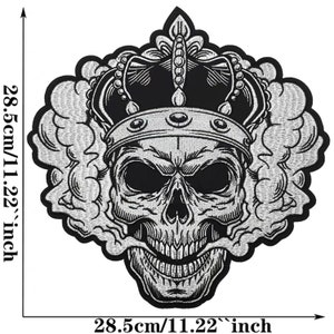 Large black and white skull embroidered patch crown skull back iron on patch smoke skelleton applique backpack men jeans jacket embroidery