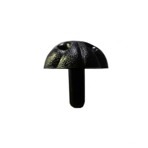 May include: A black plastic push rivet with a textured, domed head and a cylindrical stem. The head has a series of curved ridges and small holes. The rivet is designed for secure fastening.