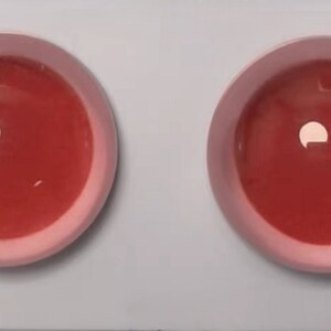 Peut inclure: Deux bols en c&eacute;ramique rose contenant un liquide rouge. Les bols sont sur une surface blanche.