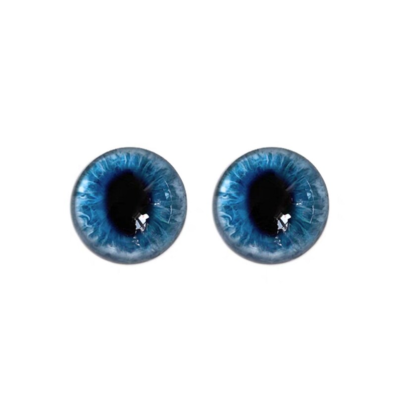 May include: Two blue doll eyes with a dark pupil and a detailed iris pattern. The eyes have a glossy finish and are set against a white background. These realistic eyes are perfect for doll making and crafting.