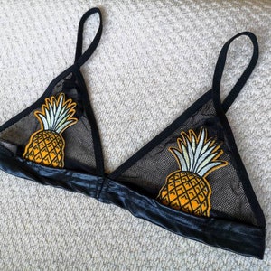 Pineapple bralette fruit bra black triangle bralette see through fishnet transparent rave festival mesh bra summer party patch fishnet top