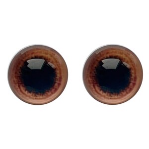 K&ouml;nnte beinhalten: Zwei braune Glasaugen mit dunkler Pupille und detaillierter Iris. Die Augen haben eine gl&auml;nzende Oberfl&auml;che und sind vor einem wei&szlig;en Hintergrund platziert. Diese Bastelmaterialien sind ideal f&uuml;r die Herstellung von Puppen oder anderen Kunstprojekten.