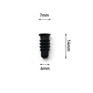 May include: A black plastic wall anchor, measuring 14mm in length, 7mm in width, and 6mm in diameter. The anchor features a ribbed design for secure fitting. Suitable for use with screws in plasterboard or similar materials.