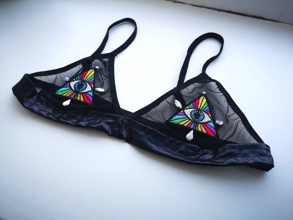 Black Triangle Bralette See Through Mesh Bra Rave Festival Top