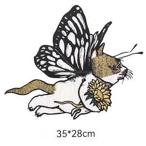 Large Cat patch Butterfly cat Cute cat patch Flying cat style Iron-on patch stitch on patch Jacket patch Coat patch Black cat Black white
