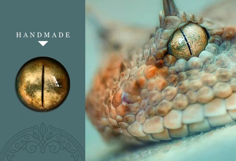 K&ouml;nnte beinhalten: Nahaufnahme eines handgefertigten Glasauges in goldbrauner Farbe mit einer schwarzen vertikalen Pupille. Das Auge ist vor einem blauen Hintergrund mit dem Wort "HANDMADE" dar&uuml;ber platziert.