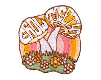 Parche de setas adorables, parche termoadhesivo de setas Grow Together, parche naranja de naturaleza, parche hippie, estilo años 70 y 80, parche artístico para mochila, chaqueta vaquera