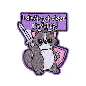 Puede incluir: Parche bordado con un diseño de gato de dibujos animados sosteniendo una espada y un escudo. El gato es gris y blanco con detalles en rosa. El parche tiene el texto "I don't get older I level up!" sobre fondo morado.