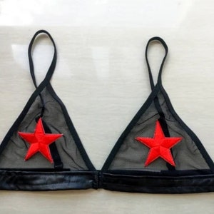 Red star patch black triangle bralette embroidered festival rave transparent bra fishnet burning man see through sheer mesh pole dance