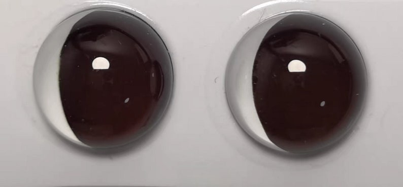 May include: Two round, dark brown glass eyes with a white crescent moon shape on the top half of each eye.