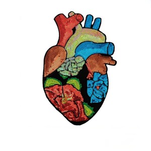 May include: A colorful, sequined anatomical heart design. The heart features red, blue, brown, and green sections, with a black background. The design includes floral elements and is set against a white background.