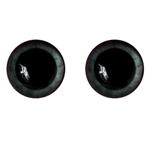 Puede incluir: Dos ojos redondos de color verde azulado oscuro con pupilas negras. Los ojos tienen una cualidad reflectante, lo que sugiere un acabado brillante. Los iris son de un verde azulado apagado y las pupilas son de un negro profundo, creando un contraste llamativo.