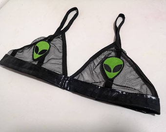 Alien bralette alien rave festival bra green UFO sheer mesh alien outfit alien festival clothing Burning man transparent triangle fishnet