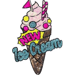 May include: A pink, yellow and blue ice cream cone with a red and white striped straw and a pink flag. The cone is decorated with sequins and the words "NEW" and "Ice Cream" are written on it.