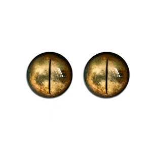 K&ouml;nnte beinhalten: Ein Paar realistisch aussehende Glasaugen in goldgelber und gr&uuml;ner Farbgebung. Die Augen haben eine vertikale schwarze Pupille.