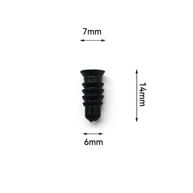 Op de afbeelding: Zwarte kunststofschroef met een lengte van 14 mm, een breedte van 7 mm en een diameter van 6 mm.