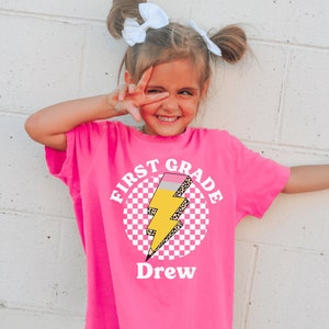 Custom First Grade Shirts for Kids Comfort Colors Retro Pencil Hello 1st Grade Back to School Shirt First Day of School T-Shirt Girls Boys