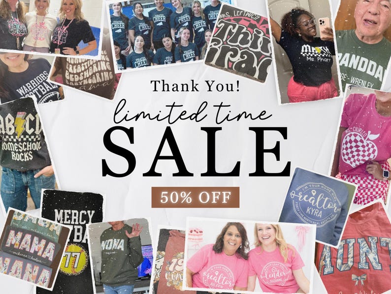 Puede incluir: Un collage de varias camisetas y art&iacute;culos con texto y gr&aacute;ficos. El texto incluye "Thank You!", "limited time SALE" y "50% OFF". Otros art&iacute;culos presentan texto como "Warriors Football", "Homeschool Rocks" y "Mama Nana".