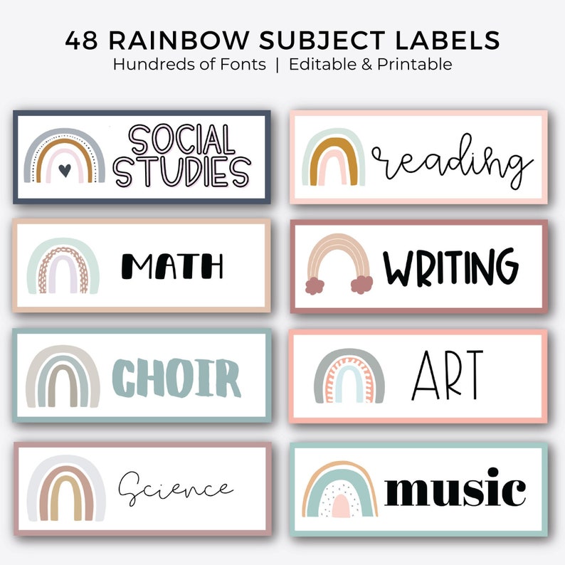 Classroom Rainbow Subject Labels | 48 Labels | EDITABLE on Canva | Printables 