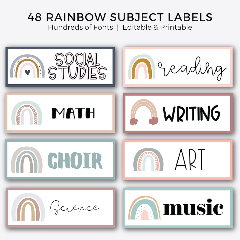 Classroom Rainbow Subject Labels | 48 Labels | EDITABLE on Canva | Printables 