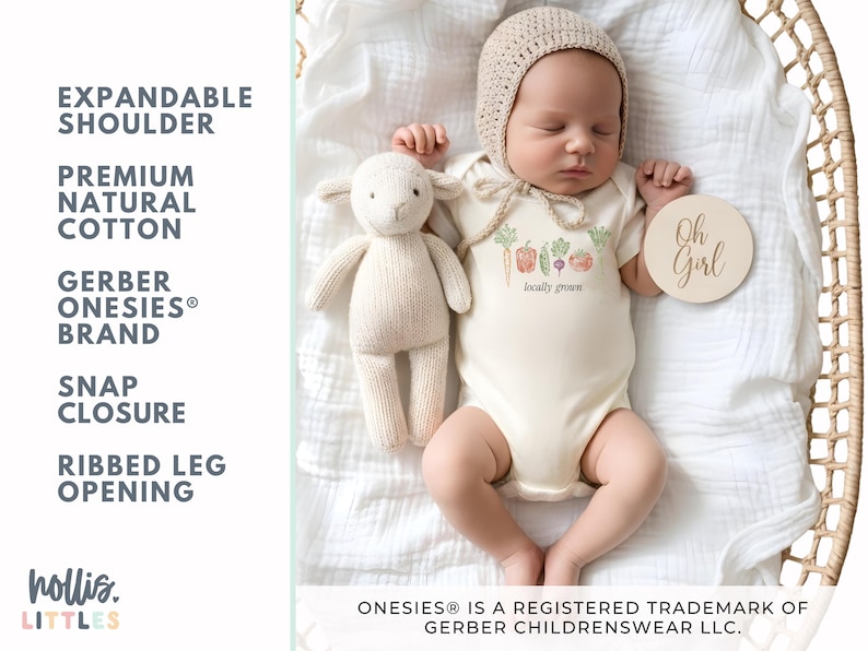 May include: A newborn baby wearing a cream-colored onesie with a vegetable graphic and the words "locally grown." The baby is lying in a woven basket with a stuffed lamb and a wooden disc that says "Oh Girl."