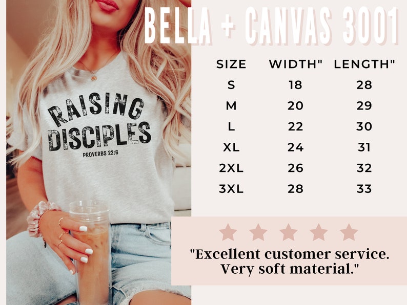 May include: A gray Bella + Canvas 3001 t-shirt with the text "Raising Disciples" and "Proverbs 22:6" printed on it. The t-shirt is being worn by a person. A size chart is included with the text "SIZE", "WIDTH"