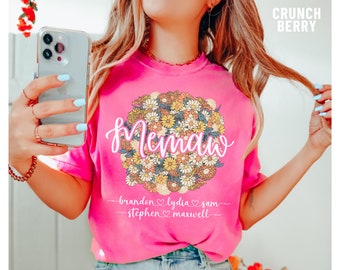 Memaw Shirt with Grandkids Names Personalized Memaw Floral Shirt Custom Grandchild Names Shirts Memaw T-Shirt for Mother's Day 2024 Gift