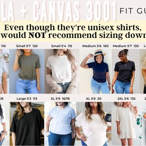 May include: A size chart for Bella + Canvas 3001 unisex t-shirts. The chart shows different sizes and corresponding height and weight ranges. The chart also includes a warning that sizing down is not recommended.