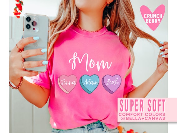 Personalized Mom Valentine's Day Shirt with Kids Names Candy Hearts Mother Shirts for Valentines Day Pink Mama Heart Day Tee