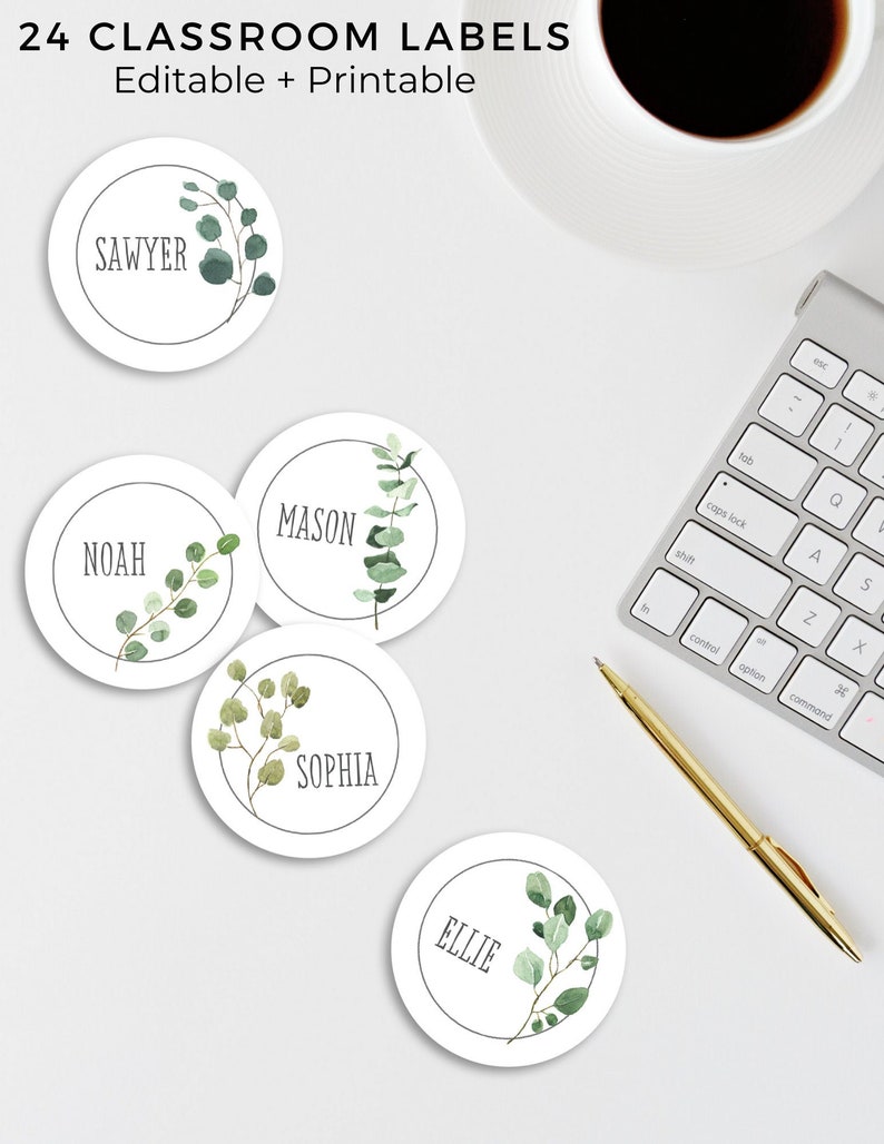 Classroom Labels EDITABLE on Canva, Printables, Watercolor Greenery, Modern Farmhouse Design 