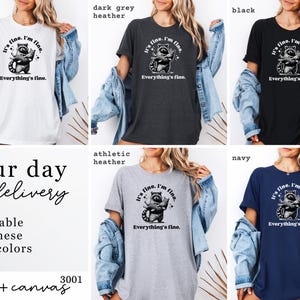 Puede incluir: Una selecci&oacute;n de cinco camisetas en blanco, gris oscuro, negro, gris deportivo y azul marino. Cada camiseta presenta un gr&aacute;fico de mapache con el texto "It's fine. I'm fine. Everything's fine." Las camisetas son Bella+Canvas 3001.