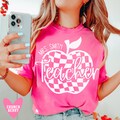 Custom Teacher Shirt Teacher Shirt Pink Trendy Teacher Appreciation Gifts Retro Apple Teacher Name T Shirt Personalized Checker from Student