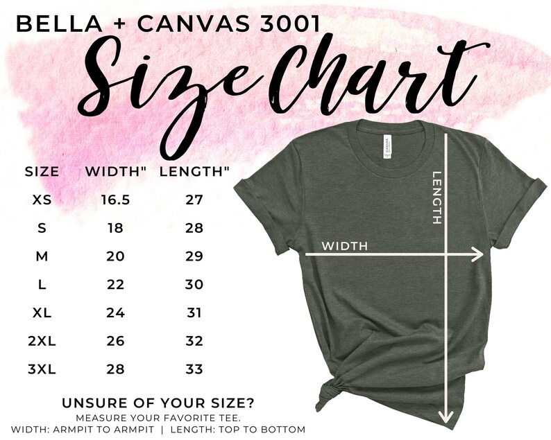 Op de afbeelding: Een maattabel voor Bella + Canvas 3001 T-shirts, met de afmetingen in inches voor breedte en lengte. De tabel omvat de maten XS tot en met 3XL. Een groen T-shirt is afgebeeld met de aangegeven afmetingen.