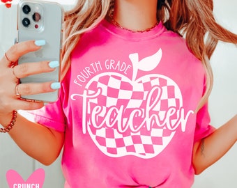 Fourth Grade Teacher Shirt Pink Trendy Apple Teacher Shirts Teacher Appreciation Gift for 4th Grade Cute Retro Teacher Tee Elementary Tshirt