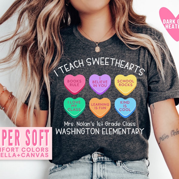 I Teach Sweethearts Teacher Valentine's Day Shirt Personalized Teacher Name Valentine Shirts Custom School Name Pink Valentines Day T-Shirt