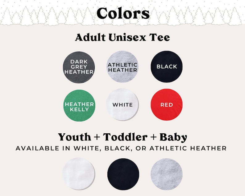 May include: Colour options for adult unisex and youth tees. Adult colours include dark grey heather, athletic heather, black, heather kelly, white, and red. Youth colours include white, black, and athletic heather.