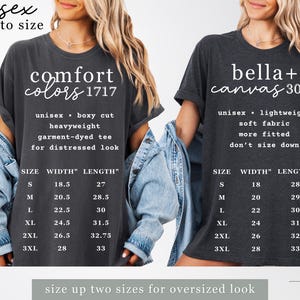 Puede incluir: Dos camisetas unisex de color gris oscuro con texto blanco y tablas de tallas. Una camiseta dice "Comfort Colors 1717" y la otra "bella + canvas 3001". Las camisetas se describen como pesadas y ligeras, respectivamente.