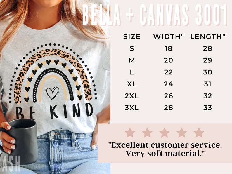 May include: A white t-shirt with a rainbow design featuring a leopard print and the text "BE KIND". The shirt is available in sizes S-3XL. The size chart shows the width and length of the shirt in inches.