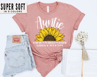 Camiseta de tía con nombres, camiseta de tía personalizada con flores, camisetas personalizadas con nombres de sobrinos y sobrinas para tía, camiseta de tía para regalo del Día de la Madre